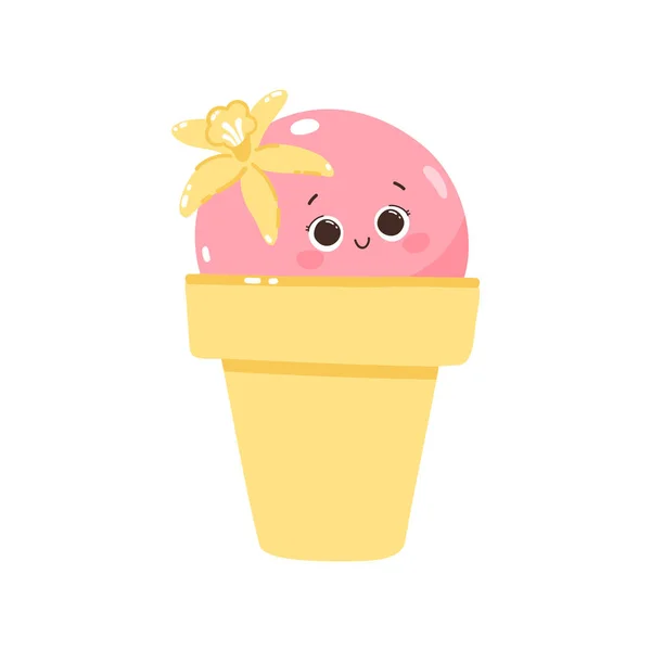 Милий Векторний Персонаж Являється Чашці Ванільною Квіткою Холодне Десертне Морозиво — стоковий вектор
