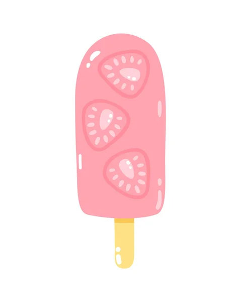 Vector Strawberry Ice Cream Stick Cold Dessert Summer Sweetness Isolated — Stock Vector