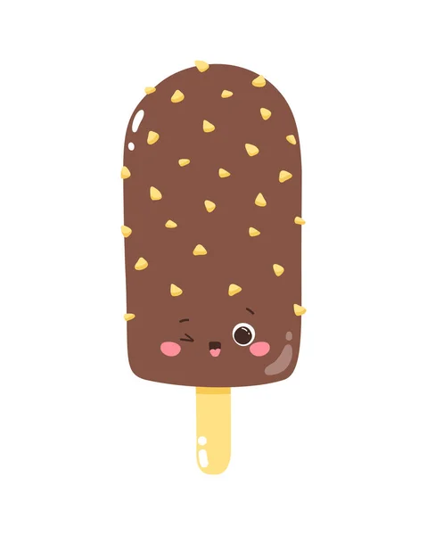 可爱的向量人物巧克力冰淇淋与坚果棒 冷甜点 夏天的甜蜜 因白人背景而被隔离 — 图库矢量图片