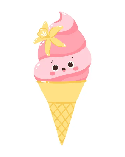 Симпатичный Векторный Персонаж Эскимо Ванильным Цветком Конусе Холодное Десертное Мороженое — стоковый вектор