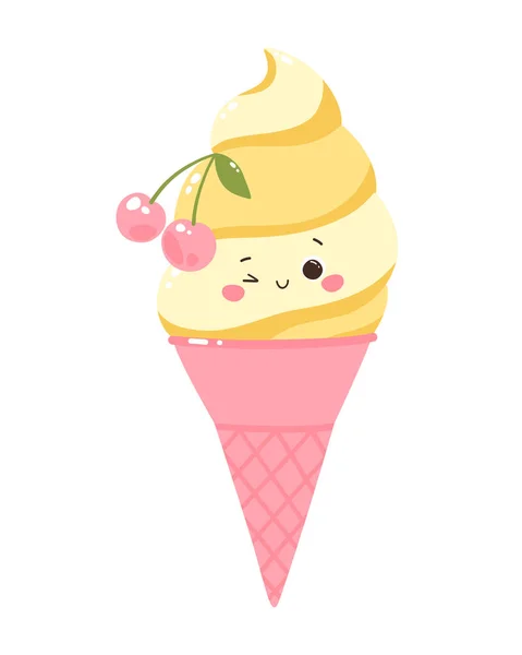 Lindo Vector Personaje Paletas Con Cerezas Cono Helado Postre Frío — Archivo Imágenes Vectoriales