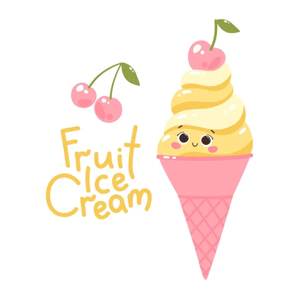 可爱的矢量字符弹出与樱桃在锥形 冷甜点 夏天的甜蜜 让水果冰激淋 因白人背景而被隔离 — 图库矢量图片