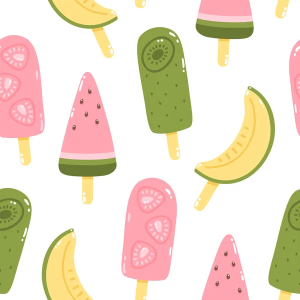 Vector Seamless Pattern Fruit Ice Creams White Background Cold Dessert — Stock Vector