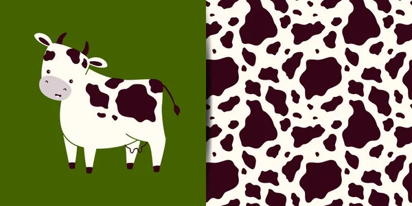 Vector Collection Print Cute Cow Character Seamless Pattern Animal Skins — Stock Vector