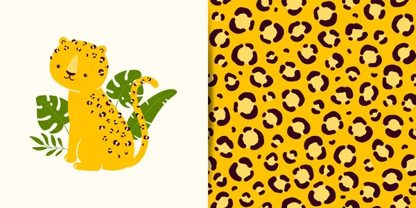 Colección Vectores Estampado Con Lindo Personaje Leopardo Más Patrón Sin — Vector de stock