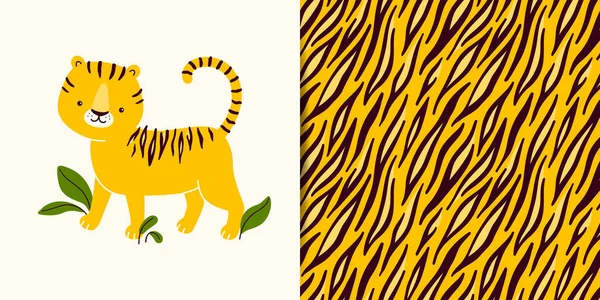 Colección Vectores Estampado Con Lindo Personaje Tigre Más Patrón Sin — Archivo Imágenes Vectoriales