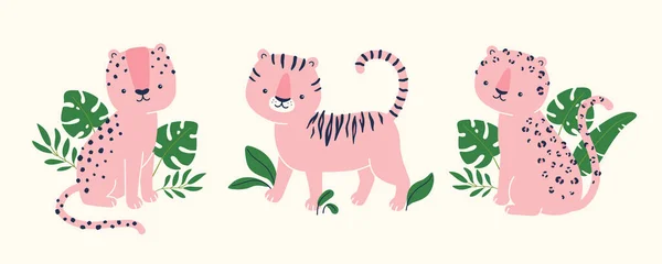 Set Vector Cute Prints Animal Characters Cheetah Tiger Leopard Tropical — Διανυσματικό Αρχείο