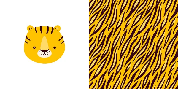 Colección Vectores Estampado Con Lindo Personaje Tigre Más Patrón Sin — Vector de stock