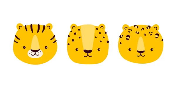 Lindos Caracteres Animales Vectoriales Hocico Tigre Leopardo Guepardo Aislado Sobre — Vector de stock