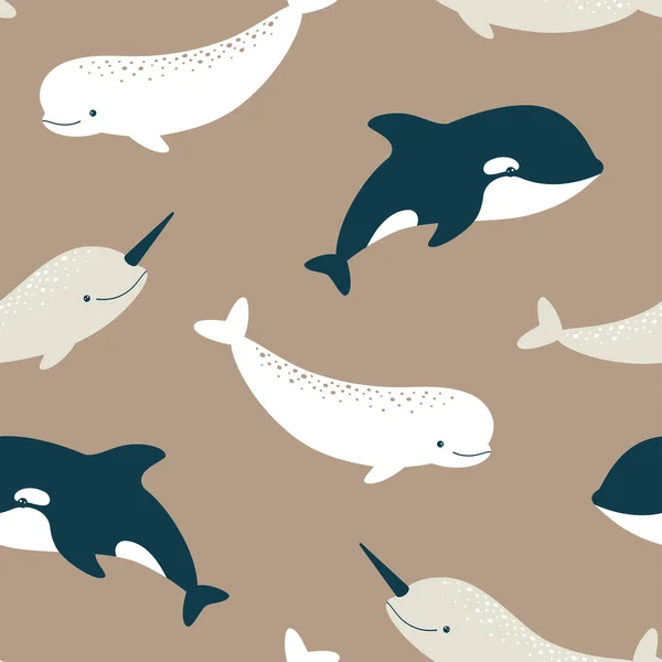 Modello Senza Cuciture Vettoriale Con Simpatica Balena Assassina Beluga Narvalo — Vettoriale Stock