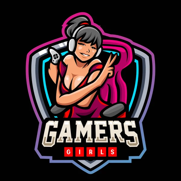Gamer Meninas Mascote Design Logotipo Esport —  Vetores de Stock