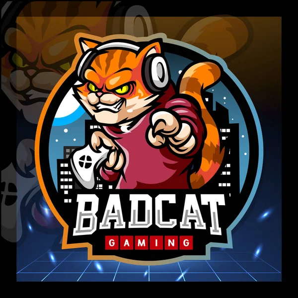 Kedi Oyunu Maskotu Esport Logo Tasarımı — Stok Vektör