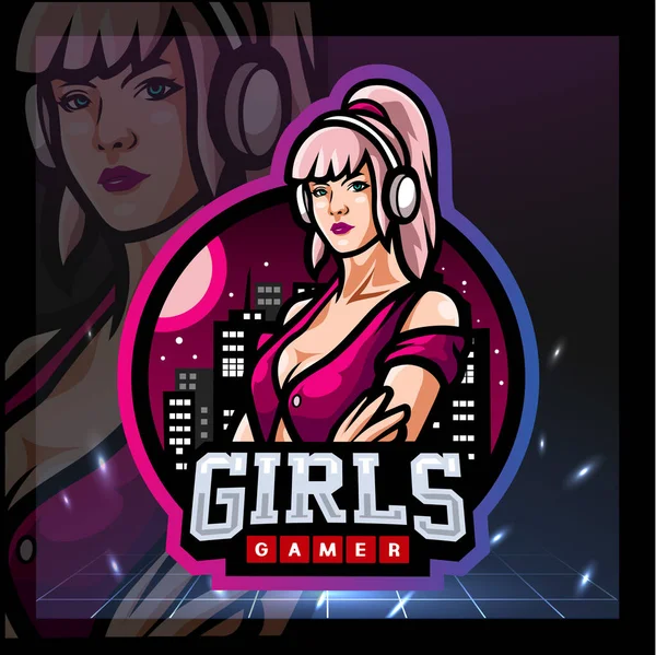 Meisjes Gamer Mascotte Esport Logo Ontwerp — Stockvector