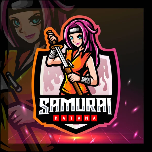 Samurai Meninas Mascote Design Logotipo Esport —  Vetores de Stock