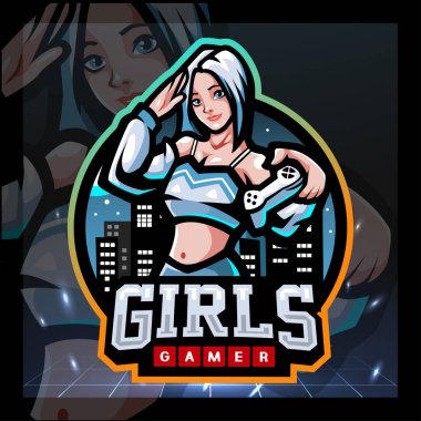Kız oyuncu maskotu. esports logo tasarımı