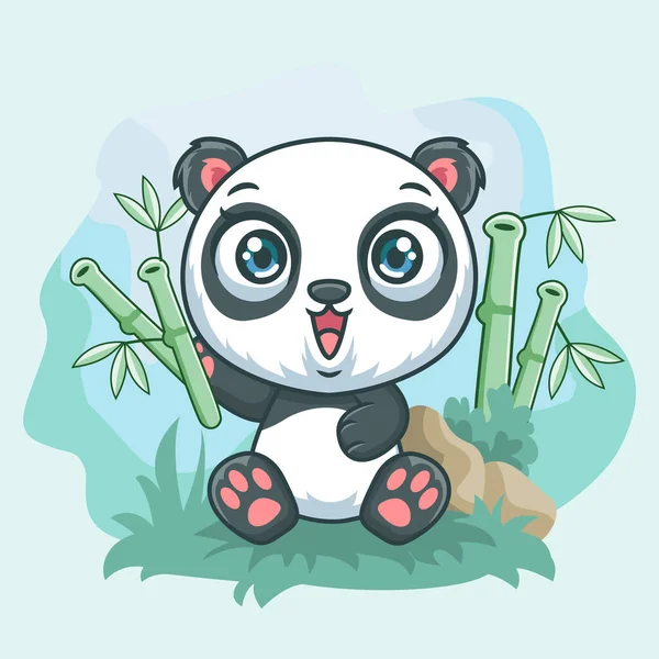 Cartoon Little Panda Eating Bamboo Garden — Stock Photo, Image