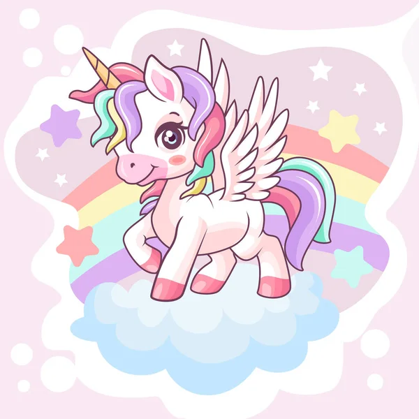 Cartoon cute unicorn posing on clouds isolated on rainbow background