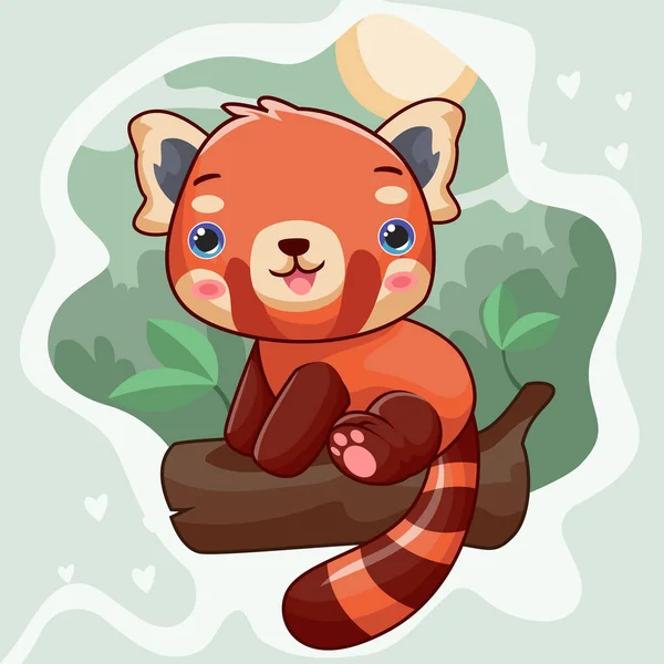 Cartoon red panda relaxing on a tree isolated on natural scenery background