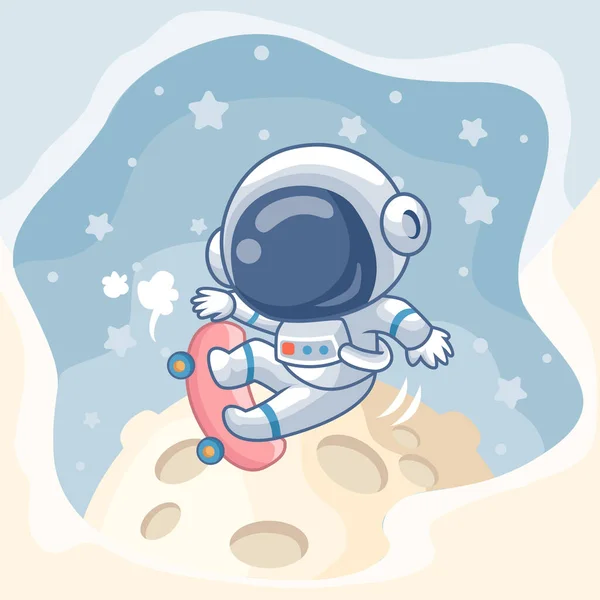 Cartoon Aranyos Űrhajós Gördeszka Holdon Elszigetelt Gyönyörű Tér Táj Háttér — Stock Fotó