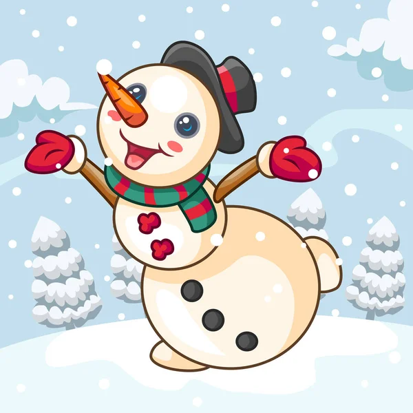 Lindo Muñeco Nieve Dibujos Animados Divertirse Nieve — Vector de stock