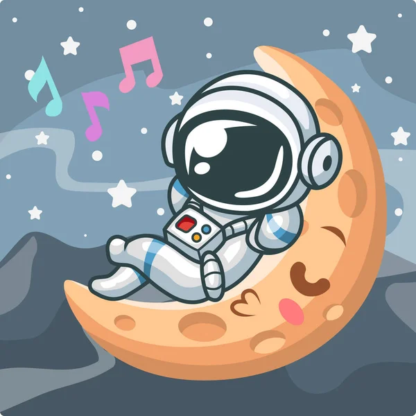 Desenhos Animados Pequeno Astronauta Bonito Cantando Lua Crescente — Vetor de Stock