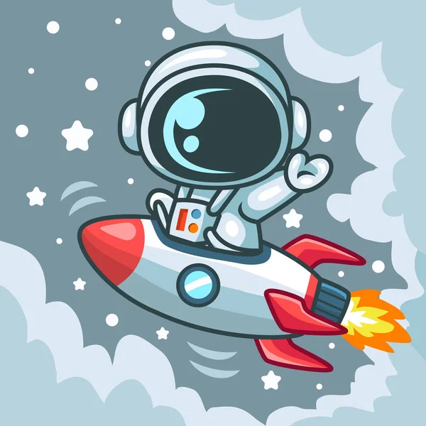 Desenhos Animados Pequeno Astronauta Bonito Montando Foguete Acenando Avião Para — Vetor de Stock