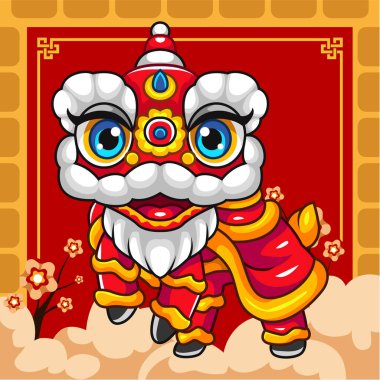 Çizgi film şirin aslan dans maskotu bulutlarda yürüyor