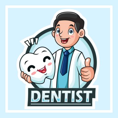 Doktor Dişçi karakteri diş kontrolü vektör çizimi mavi arka planda. Diş Konsepti.