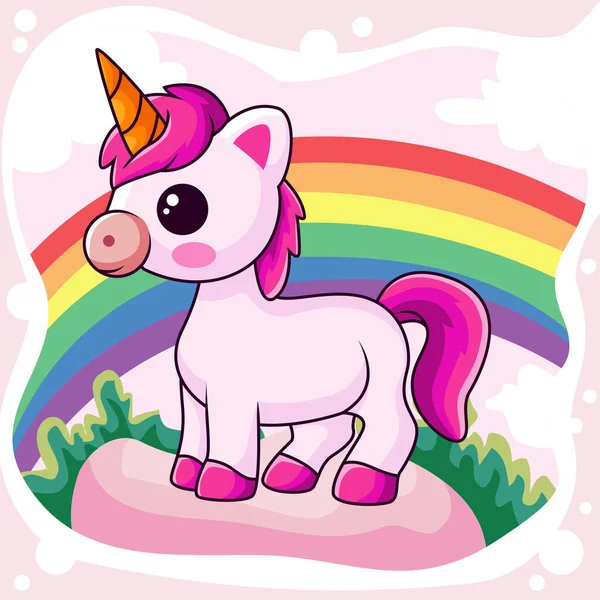 Cute Little Unicorn Cartoon Standing Cloud Rainbow — Stock Vector
