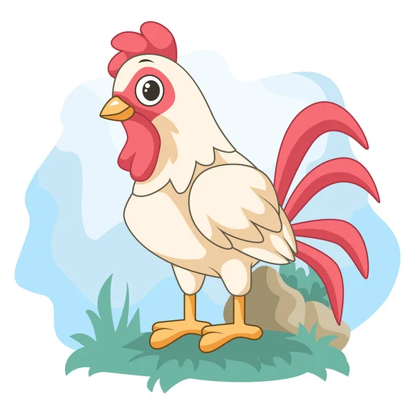 Cartoon Cute Rooster Standing Grass — Vettoriale Stock