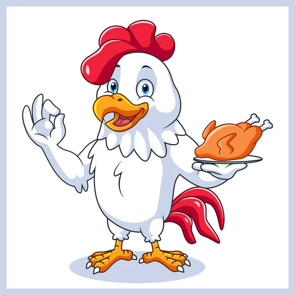 Cartoon Chicken Mascot Holding Grilled Chicken — Stock Vector