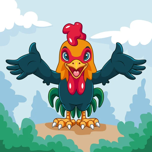 Cartoon Cute Green Rooster Having Fun Garden — Image vectorielle