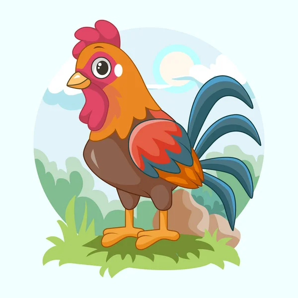 Cartoon Cute Green Rooster Standing Grass — Vettoriale Stock