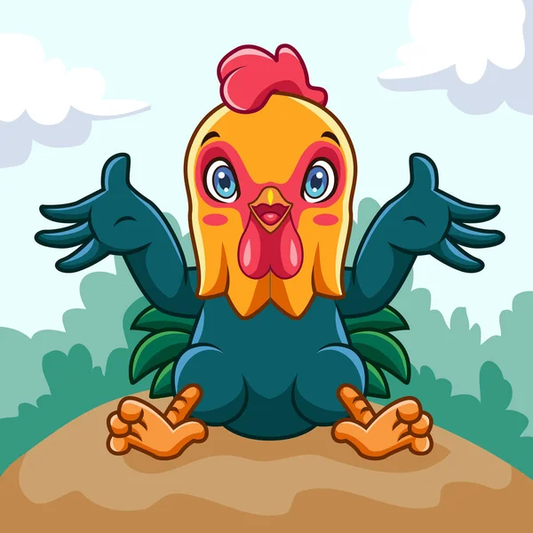 Cartoon Cute Green Rooster Having Fun Garden — Vetor de Stock