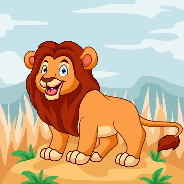Mignon Lion Dessin Animé Debout Milieu Jungle Africaine — Image vectorielle