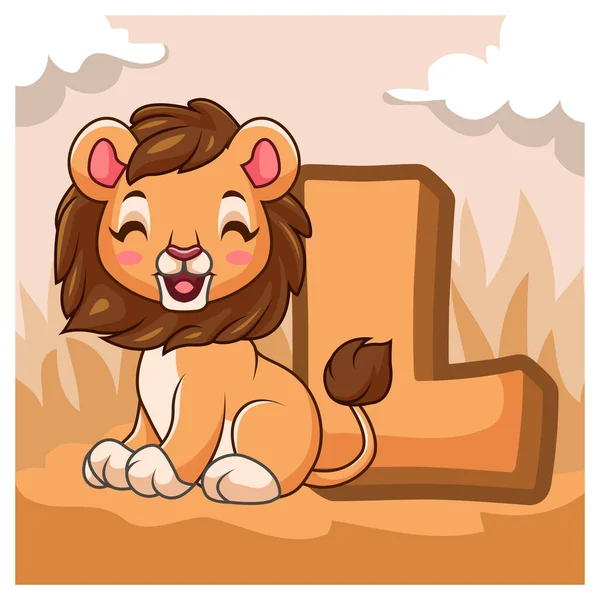 Dessin Animé Mignon Petit Lion Avec Lettre Souriant Isolé Sur — Image vectorielle