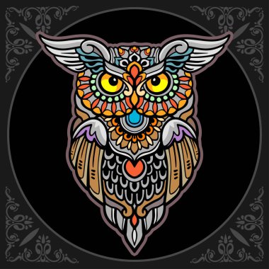 Renkli baykuş mandala sanatı siyah arkaplanda izole