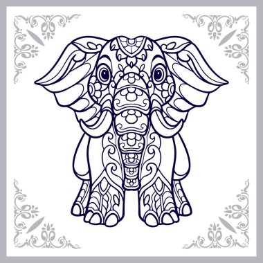 Beyaz arka planda izole edilmiş şirin fil çizgi film mandala sanatları.