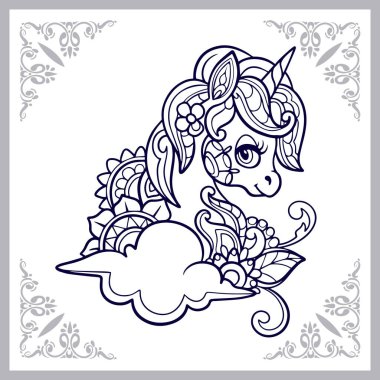 Beyaz arka planda izole edilmiş şirin tek boynuzlu at çizgi filmi mandala sanatı.