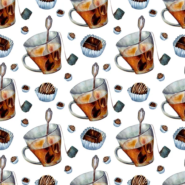 Akvarell Illusztráció Minta Csésze Tea Édességek Zökkenőmentes Háttér Tea Party — Stock Vector