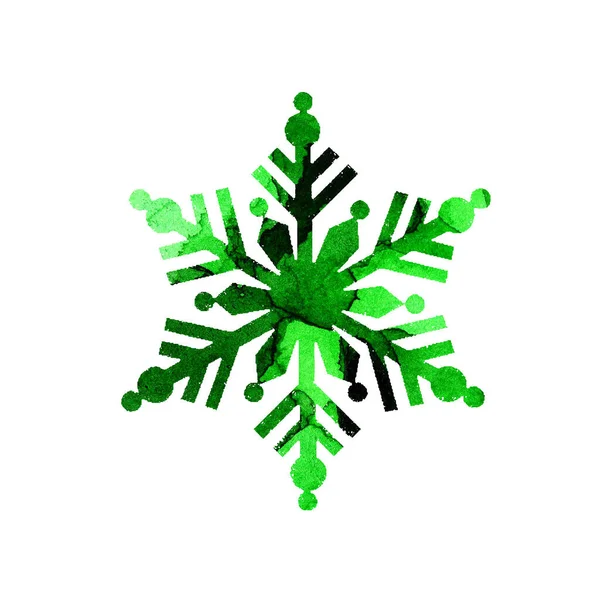 Watercolor Painting Green Silhouette Snowflake Merry Christmas Happy New Year — Stock Photo, Image