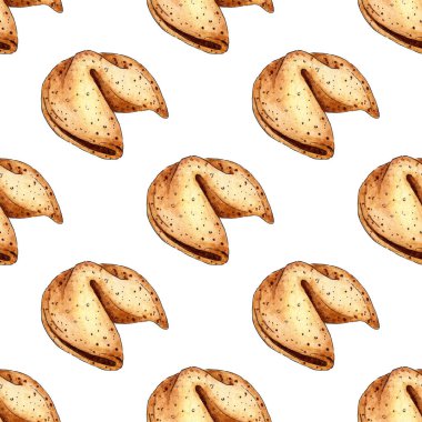 Bir dizi suluboya resim desenli şans kurabiyeleri. Kusursuz basılı Çin bayramı kurabiyeleri. Çin Yeni Yılı. Kurabiyeler için fal baktırmak. Beyazda izole edilmiş. Elle çizilmiş..