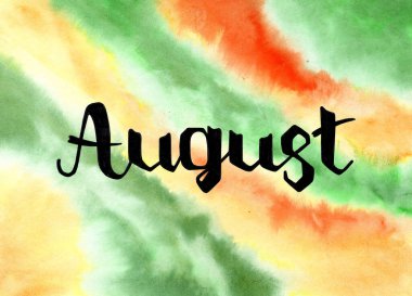 Suluboya arka planda Temmuz 'da elle çizilmiş harfler. Yaz davetiyesi için mürekkep fırçası harfleri. Temmuz ayı. Pankart, broşür, tebrik kartı, takvim için el yazısı.