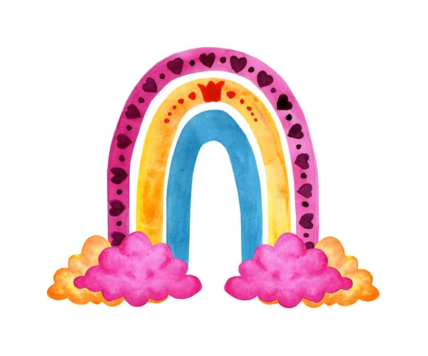 Acuarela Pintura Lindo Arco Iris Infantil Con Nubes Rosa Amarillo — Archivo Imágenes Vectoriales