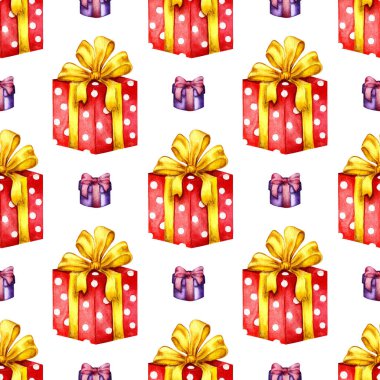 Suluboya desenli kırmızı ve mor fiyonklu kutular. Tatil hediyeleri, paketlenmiş hediye kutuları, doğum günü, Noel, yeni yıl tasarım unsurları. Beyaz arka planda izole edilmiş. Elle çizilmiş..