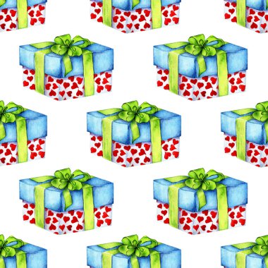 Yeşil kurdeleli bir kalp şeklinde suluboya resim şablonu. Tatil hediyeleri, paketlenmiş hediye kutuları, doğum günü, Noel, yeni yıl tasarım unsurları. Beyaz arka planda izole edilmiş. Elle çizilmiş..