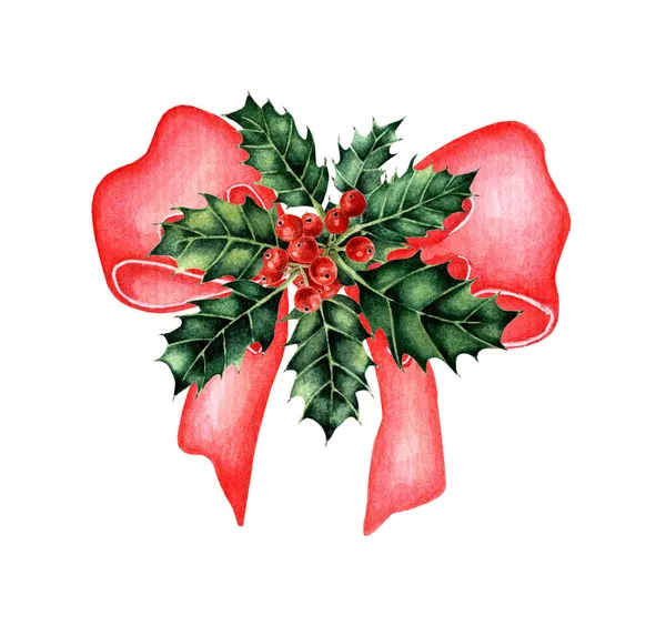 Suluboya boya kırmızı fiyonk ve kutsal böğürtlen. Modaya uygun Noel çizimleri. Noel resimleri. Noel ağacı süslemesi. Beyaz bir arka planda izole edilmiş. Elle çizilmiş..