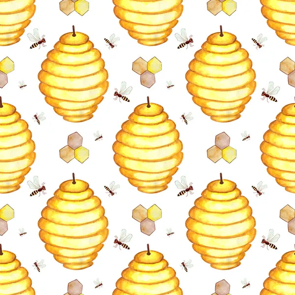 Méhkaptárak Méhsejt Méhek Akvarell Festése Zökkenőmentes Ismétlődő Mézlenyomat Méhészet Végtelen — Stock Vector