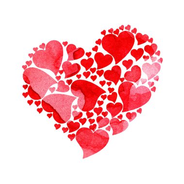 Kırmızı-pembe kalplerden yapılmış suluboya çizimler. Sevgililer günü için tatil kartı, düğün, yıldönümü. Sanatsal tasarım elementi beyaza izole edildi. Elle çizilmiş..