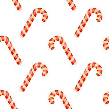 Baston şekerin suluboya çizimi. Lolipoplarla birlikte tekrarlanan kusursuz tatil baskısı. Noel, yeni yıl, doğum günü ya da sevgililer günü. Beyaz arkaplan üzerinde izole edilmiş.